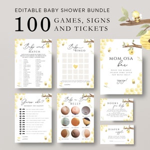 May include: A set of printable baby shower games and signs with a bee and honeycomb theme. The games include "Baby Word Match", "Baby Bingo", "Guess Who? Mummy or Daddy", "Baby or Bump Belly", "Books for Baby", and "Diaper Raffle".