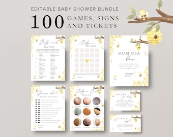 100 Editable bee Baby Shower Games and signs,  sweet bee baby shower games Baby Shower Games, honey bee Games Set Baby Games