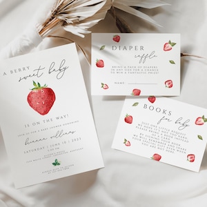 Ensemble d'invitations de baby shower aux fraises, modèle d'invitation de baby shower aux baies douces, livres pour bébé, cartes de bébé baies tombola de couches, SBS01