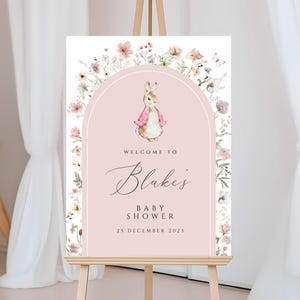 Peter Kaninchen Baby Shower Willkommensschild, Peter Kaninchen Blumen Willkommensschild Poster, Babyparty Blumenschild, Kaninchen Babyparty Willkommen, CPG01