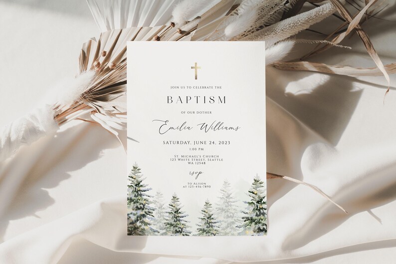 Baptism Invitation Template, Christmas Baptism Invitation, Winter