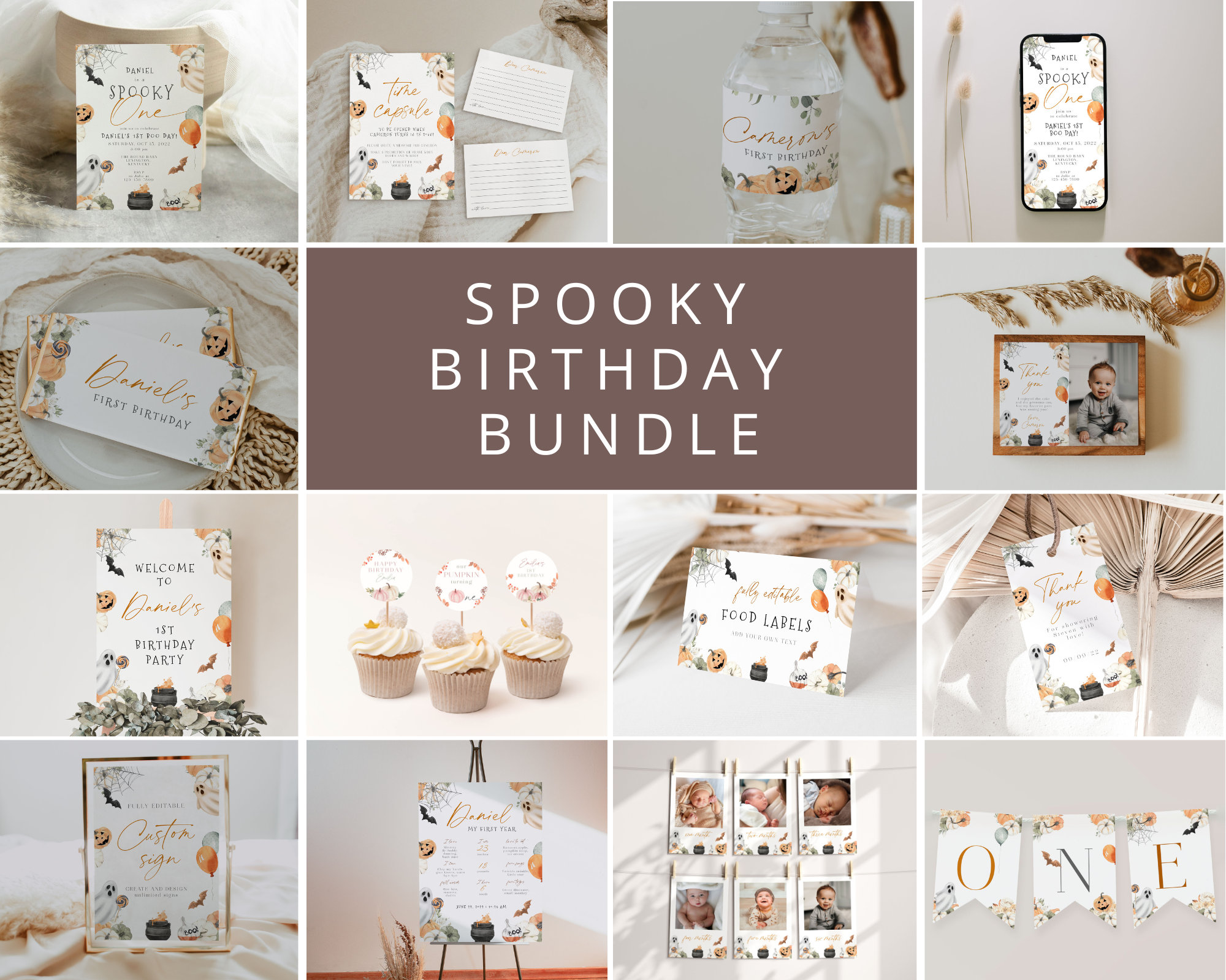 Pacchetto di inviti per il primo compleanno Spooky One, pacchetto modificabile per il primo compleanno, piccolo pacchetto Spooky First Birthday, tema di compleanno di Halloween