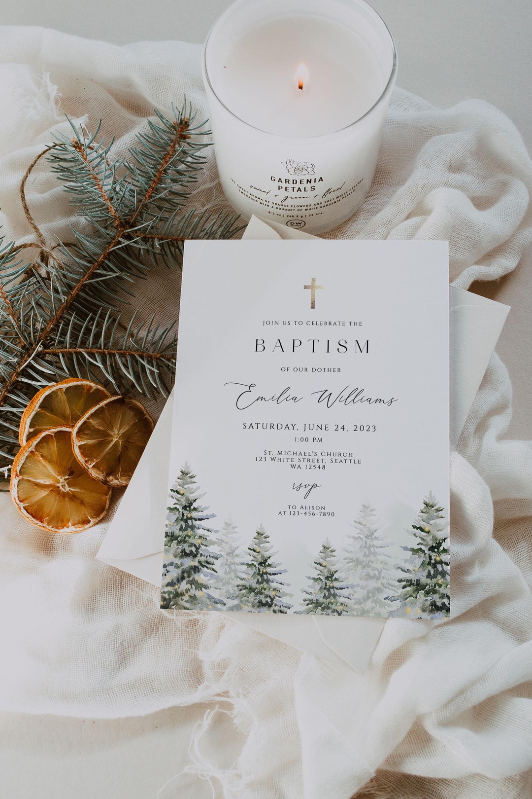 Baptism Invitation Template, Christmas Baptism Invitation, Winter