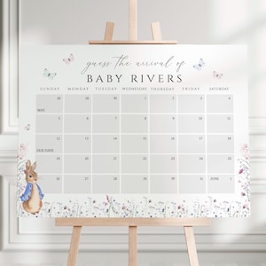 Calendario de fecha de parto para baby shower de Peter Rabbit, cartel clásico con fecha de nacimiento de bebé de Peter Rabbit, cartel para adivinar la fecha de llegada, cartel con fecha de parto, PRAB01