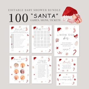 100 editable Santa Baby Shower Games, christmas Baby Shower Games, xmas Baby Shower games, Winter baby shower games, Game Pack, BSANTA01