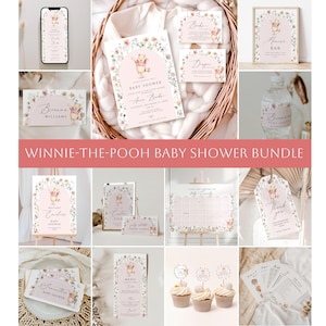 Puede incluir: Un conjunto de papelería para baby shower con temática de Winnie the Pooh. El paquete incluye invitaciones, letreros, adornos para cupcakes y más, todos con detalles florales y una suave combinación de colores rosa. Se muestra el texto "Winnie-the-Pooh Baby Shower Bundle".