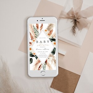 May include: A digital invitation for a baby shower with a boho theme. The invitation features a diamond-shaped design with the text "Join us for a Baby Shower Honoring [name] January 28, 2023 at 2:00 PM [address] RSVP by [date] [phone number] [email address]"