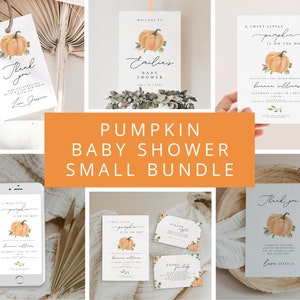 Paquete de invitación de baby shower de calabaza, Una pequeña calabaza está en camino, Paquete de invitación de baby shower de calabaza de otoño, conjunto de baby shower de calabaza