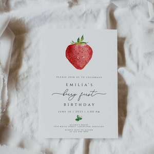 Strawberry Birthday Invitation Template, Berry First Birthday Invitation, Strawberry 1st Birthday Invite, Girl Birthday Party Invitation image 3