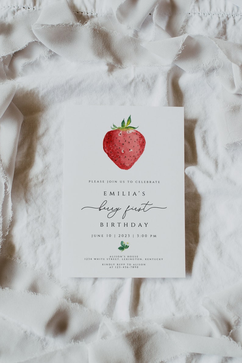 Strawberry Birthday Invitation Template, Berry First Birthday Invitation, Strawberry 1st Birthday Invite, Girl Birthday Party Invitation image 3