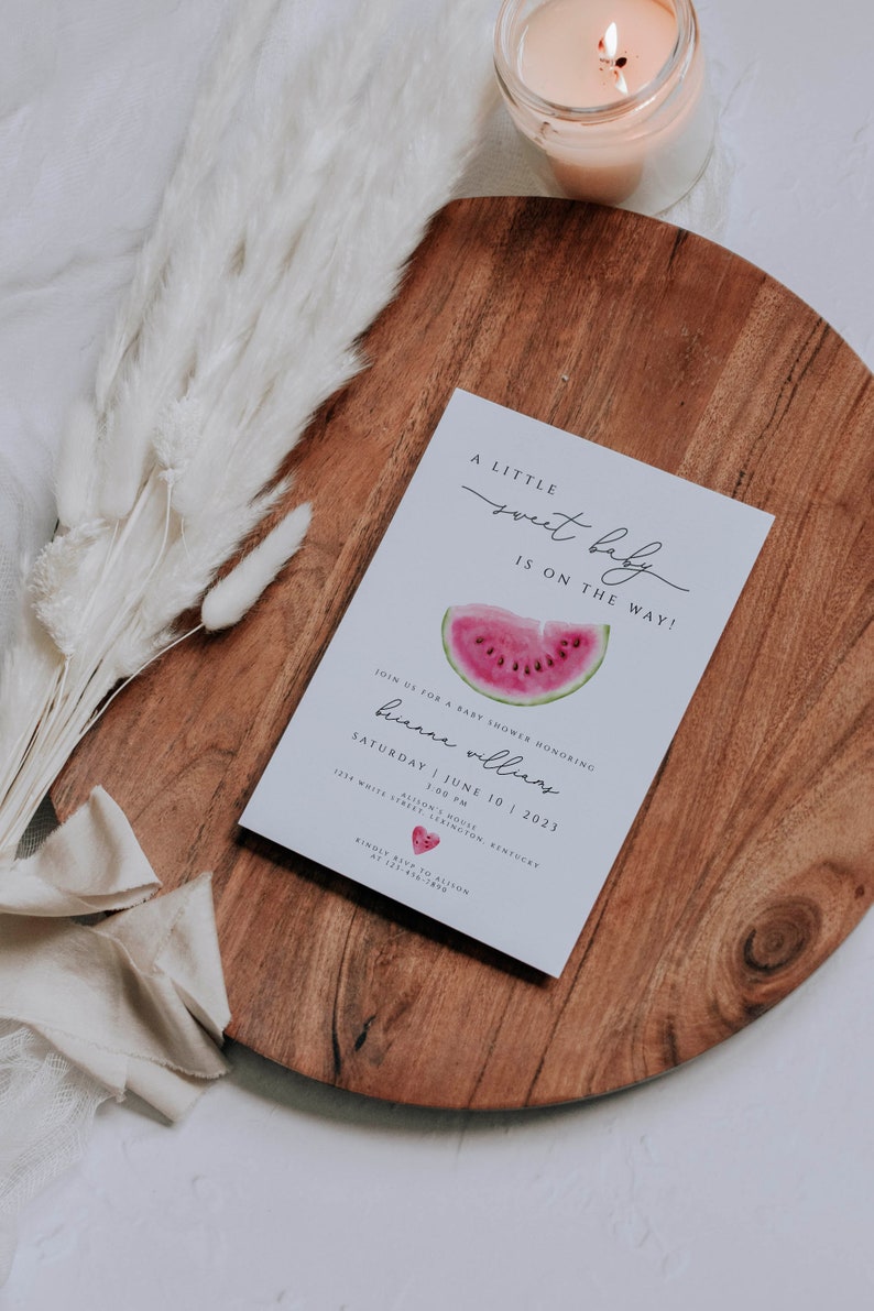 May include: A white baby shower invitation with a watermelon graphic and the text "A little sweet baby is on the way!"  Join us for a baby shower honoring [name] Saturday, June 10, 2023 at 1:00 PM. Allison's House, 1214 White Street, Lexington, Kentucky. Kindly RSVP to Allison at [phone number].