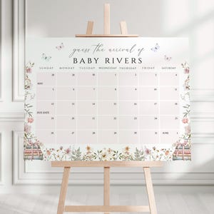 May include: A pink and white calendar with floral accents and butterflies. The calendar is titled "guess the arrival of BABY RIVERS" and has the months of May and June listed.