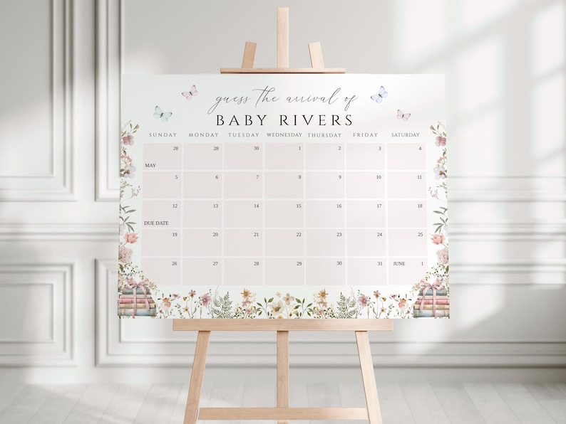 May include: A pink and white calendar with floral accents and butterflies. The calendar is titled "guess the arrival of BABY RIVERS" and has the months of May and June listed.
