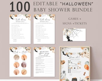 100 Editable halloween Baby Shower Games and signs,  halloween baby shower games, pink pumpkin Baby Shower Games, halloween01