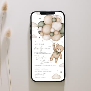 Bear Balloon Baby Shower digital Invitation, We Can Bearly Wait Baby Shower Invite, green Boho Bear Baby Shower, teddy bear baby, BWBS02