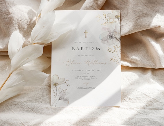 Girls Baptism Invitation, Wildflower Baptism Invitation , Christening Invite, minmalist Baby Christening, Floral Baptism
