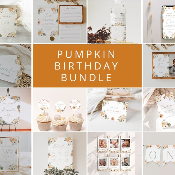 Pumpkin first birthday Invitation Bundle, Editable 1st Birthday Bundle Template, little pumpkin First Birthday Pack, Pumkin Birthday Theme