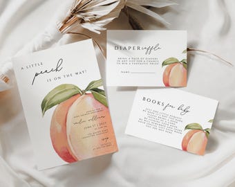 sweet peach Baby Shower Invitation Bundle, Little peach Baby Shower Invitation Template, Books for Baby, Diaper Raffle, PBSH02