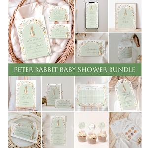 May include: A collection of Peter Rabbit-themed baby shower stationery. The bundle includes invitations, signage, place cards, and cupcake toppers. The designs feature a soft green and floral motif with the text "Peter Rabbit Baby Shower Bundle".