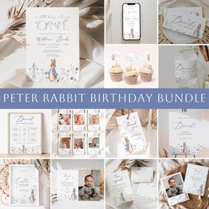 Pacchetto di inviti per il compleanno di Peter Rabbit, pacchetto modificabile per il primo compleanno, pacchetto per il primo compleanno di Peter Rabbit, coniglietto blu per il primo compleanno, PRFB02
