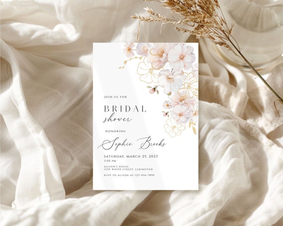 rose gold Bridal Shower Invitation, pink rose bridal shower invite, gold rose elegant bridal Shower Invite, blush floral bridal invite BWF03
