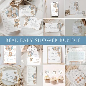 May include: A printable baby shower bundle with a bear theme. The bundle includes a welcome sign, a thank you sign, a menu, a game, a diaper raffle sign, a mum-to-be sign, a baby shower invitation, and a baby shower favour tag. The designs feature blue and white balloons, a teddy bear, and the text "Bear Baby Shower Bundle".