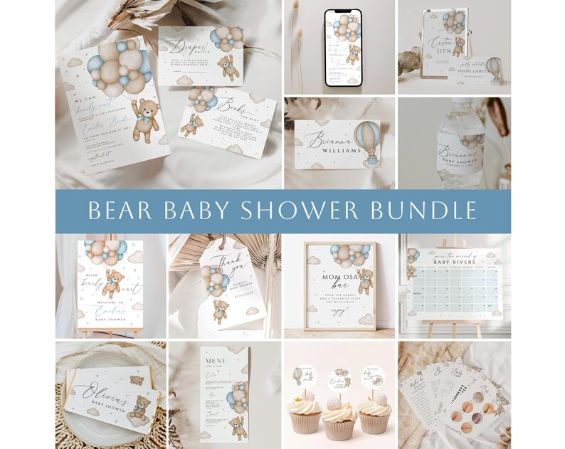 May include: A printable baby shower bundle with a bear theme. The bundle includes a welcome sign, a thank you sign, a menu, a game, a diaper raffle sign, a mum-to-be sign, a baby shower invitation, and a baby shower favour tag. The designs feature blue and white balloons, a teddy bear, and the text "Bear Baby Shower Bundle".