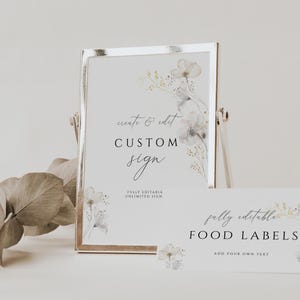 Puede incluir: Un conjunto de carteles de boda imprimibles con un dise&ntilde;o floral de acuarela. Los carteles dicen "create & edit CUSTOM sign" y "fully editable FOOD LABELS add your own text".
