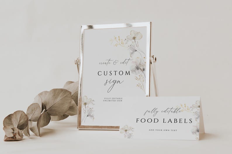 Puede incluir: Un conjunto de carteles de boda imprimibles con un dise&ntilde;o floral de acuarela. Los carteles dicen "create & edit CUSTOM sign" y "fully editable FOOD LABELS add your own text".
