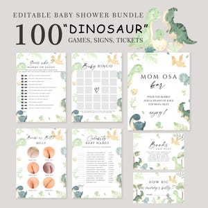 May include: A baby shower bundle with a dinosaur theme. The bundle includes games, signs, and tickets. The text includes "Guess who?", "Baby Bingo", "Mom Osa Bar", "Books for Baby", and "How big is mommy's belly?"