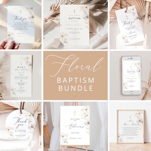 May include: A set of printable baptism invitations and cards with a floral design. The cards feature a white background with gold accents and watercolor flowers. The text on the cards includes "Baptism", "Thank you", "Menu", and "Welcome to Olivia's Baptism".