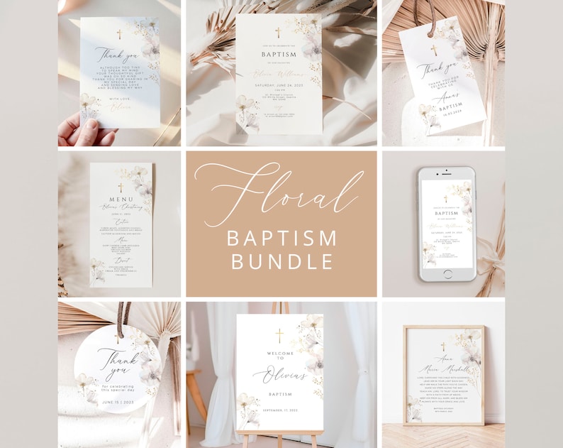 May include: A set of printable baptism invitations and cards with a floral design. The cards feature a white background with gold accents and watercolor flowers. The text on the cards includes "Baptism", "Thank you", "Menu", and "Welcome to Olivia's Baptism".