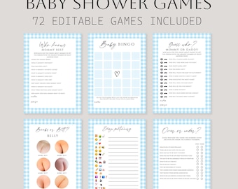 Juegos editables para baby shower con estampado de cuadros azules, paquete de juegos para baby shower de niño, paquete de juegos azules para bebé, juegos para baby shower de niño, BGBG1