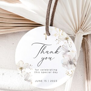 May include: Round white thank you tag with a gold cross, watercolor floral design, and the text "Thank you for celebrating this special day June 15 | 2023".