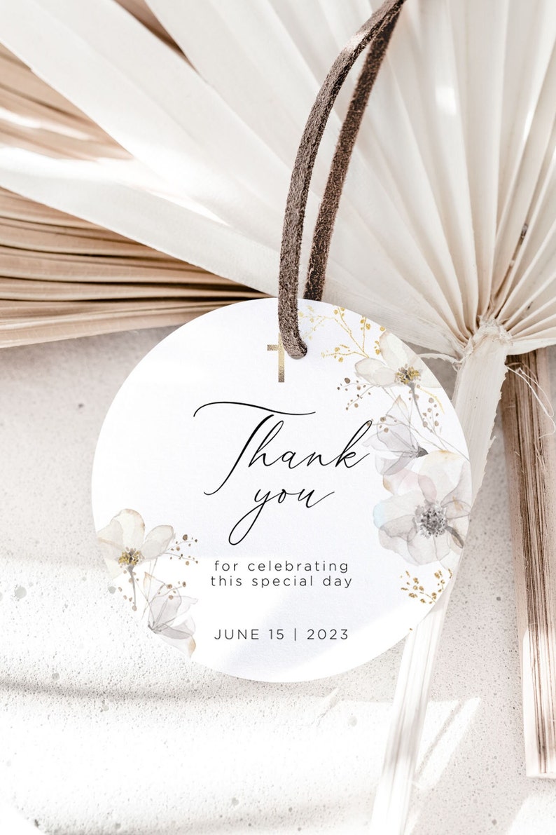 May include: Round white thank you tag with a gold cross, watercolor floral design, and the text "Thank you for celebrating this special day June 15 | 2023".