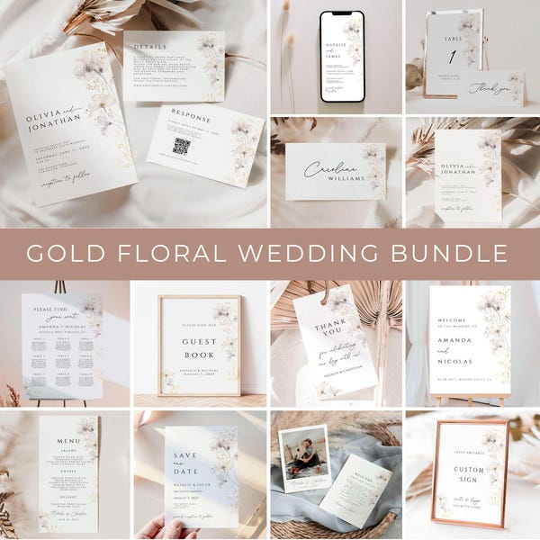 Paquete de invitación de boda con flores doradas, elegante paquete de invitación de boda con flores silvestres, elegante kit de boda, invitación de boda con flores, flores silvestres doradas, WGB01