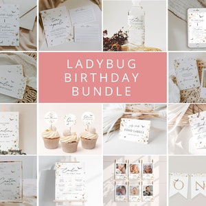 May include: A printable ladybug birthday party bundle with a watercolor floral design. The bundle includes invitations, thank you cards, food labels, cupcake toppers, a welcome sign, a sign for a photo booth, a banner, and a sign for a photo booth.