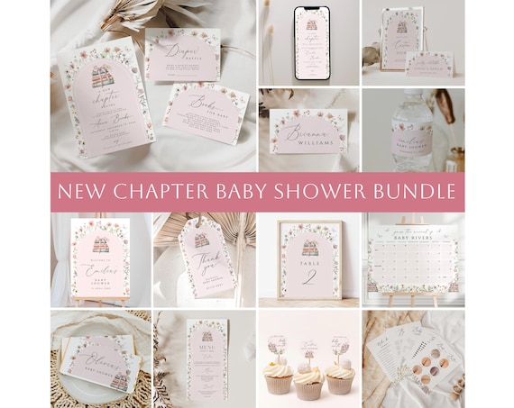 Storybook girl Baby Shower Bundle, A New Chapter Begins pink Baby Shower Invitation, A new chapter will soon, Book Themed Baby Shower CBSH03