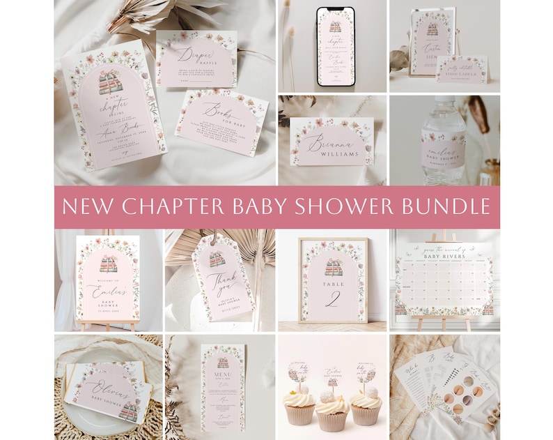Storybook girl Baby Shower Bundle, A New Chapter Begins pink Baby Shower Invitation, A new chapter will soon, Book Themed Baby Shower CBSH03