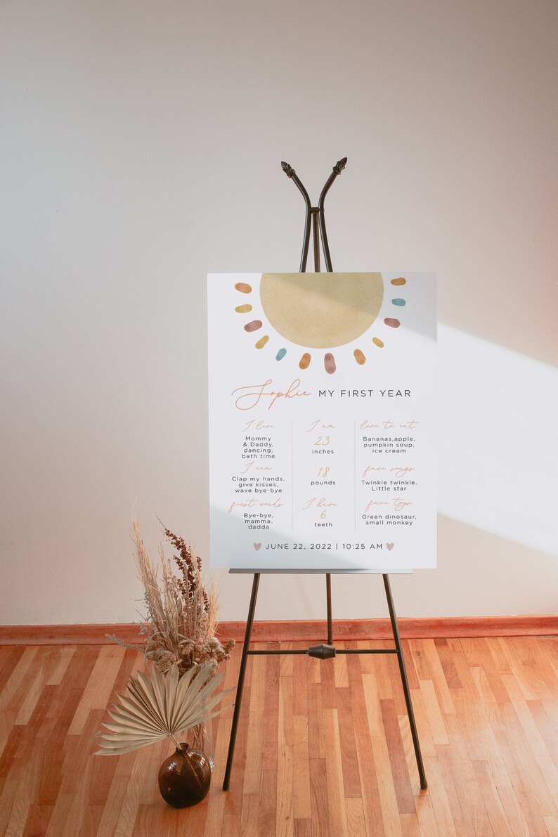 K&ouml;nnte beinhalten: Ein farbenfrohes Poster mit einer Sonnendarstellung und dem Text "Sophie My First Year". Das Poster listet Meilensteine f&uuml;r das erste Jahr eines Babys auf, darunter Alter, Gr&ouml;&szlig;e, Gewicht und Lieblingsessen. Das Poster enth&auml;lt auch das Datum 22. Juni 2022 und die Uhrzeit 10:25 Uhr.