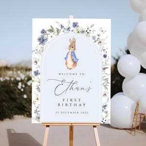 Peter rabbit first birthday Welcome Sign, peter rabbit floral Welcome Sign Poster, bunny boy first birthday Floral welcome Sign, PRFB01
