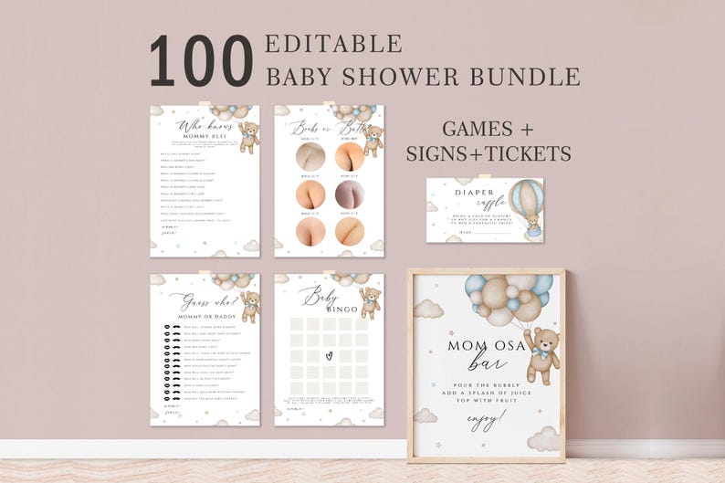 May include: A set of 100 printable baby shower games, signs, and tickets. The design features a cute teddy bear with blue and brown balloons. The text on the image reads "100 Editable Baby Shower Bundle", "Games + Signs + Tickets", "Diaper Raffle", "Guess Who! Mommy or Daddy", "Baby Bingo", and "Mom Osa Bar".