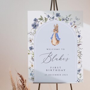 Peter rabbit first birthday Welcome Sign, peter rabbit floral Welcome Sign Poster, bunny boy first birthday Floral welcome Sign, PRFB12