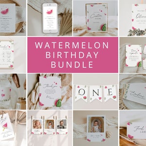 Sweet as watermelon Birthday Invitation Bundle, Watermelon 1st Birthday, Melon First Birthday Decorations, One in a melon welcome sign