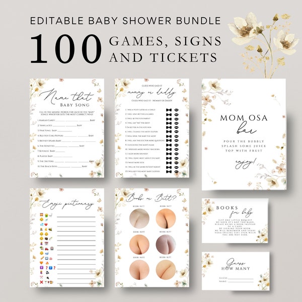 100 Editable Wildflower Baby Shower Games and signs,  Wildflower baby shower games Baby Shower Games, Wild Flowers Games Set Baby Games