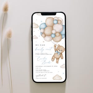 Invito digitale per baby shower con palloncino a forma di orso, invito per baby shower We Can Bearly Wait, invito per baby shower Blue Boy Boho Bear, orsetto di peluche, BWBS01