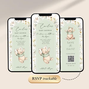 May include: Three smartphones showing baby shower invitations with a Winnie the Pooh illustration. The invitations have floral details and text saying "Emilias Baby Shower". One card says "Save the Date" with a QR code. The invitations are for a baby shower.