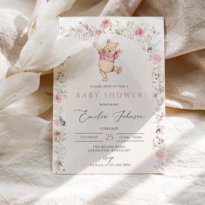 Classic Winnie-the-Pooh girl Baby Shower Invitation, Winnie-the-Pooh pink Neutral Baby Shower Invite, Boho, Floral winnie the pooh, WP008