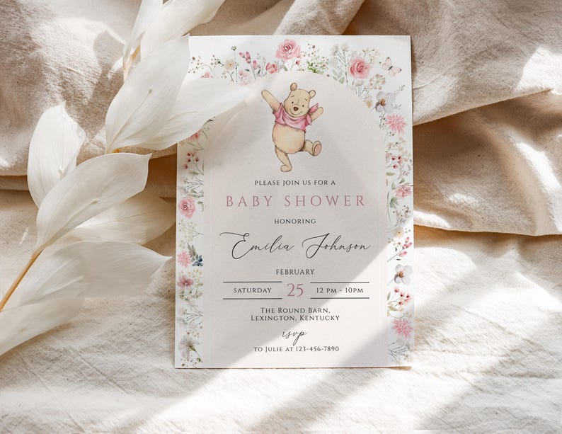 Classic Winnie-the-Pooh girl Baby Shower Invitation, Winnie-the-Pooh pink Neutral Baby Shower Invite, Boho, Floral winnie the pooh, WP008