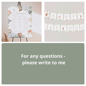 May include: A printable woodland-themed first birthday sign with a list of milestones for a baby named Cameron. The sign features a cute woodland animal design with a banner that says "Happy Birthday".